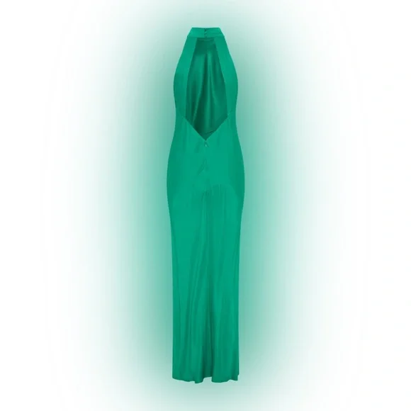 Meshki Claire Green Satin Drape Back Maxi Dress with Split - Picture 11 of 11